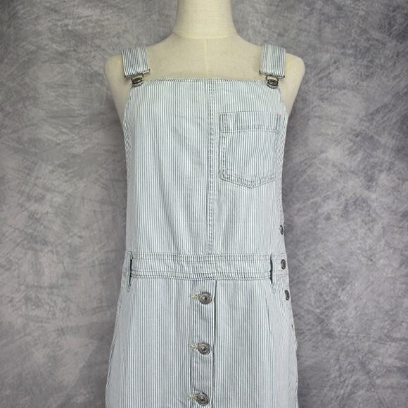 Levis Overall Dress Womens Medium Blue White Stripe Cotton Button Front Workwear - Picture 8 of 16